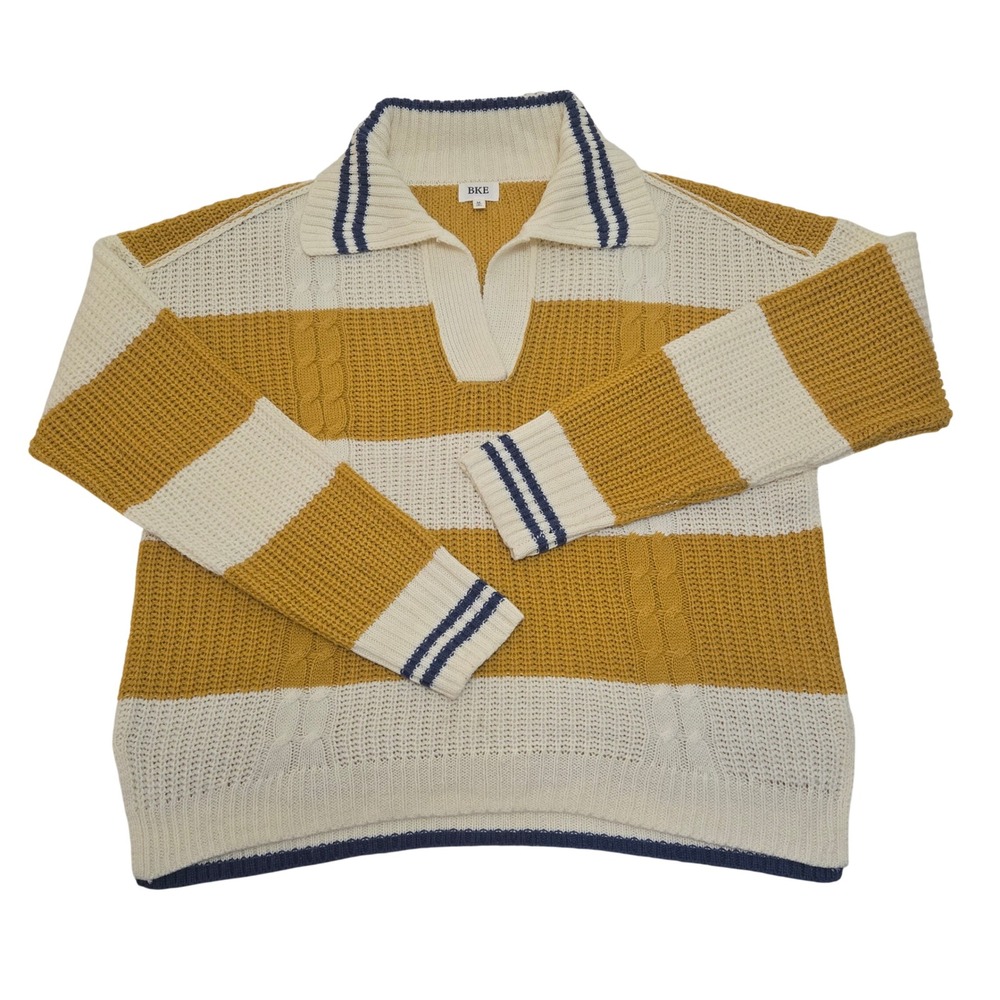 BKE Womens Striped Cable Knit Polo Sweater Yellow Cream Navy Blue Size M